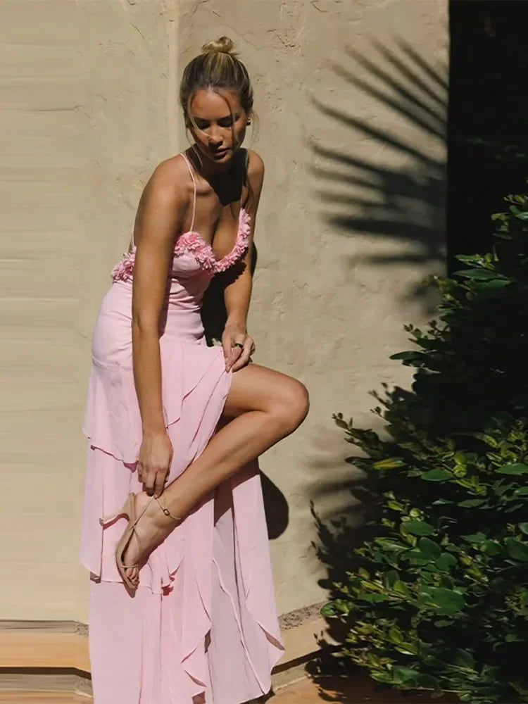 Pink Frill Layered Strap Maxi Dress