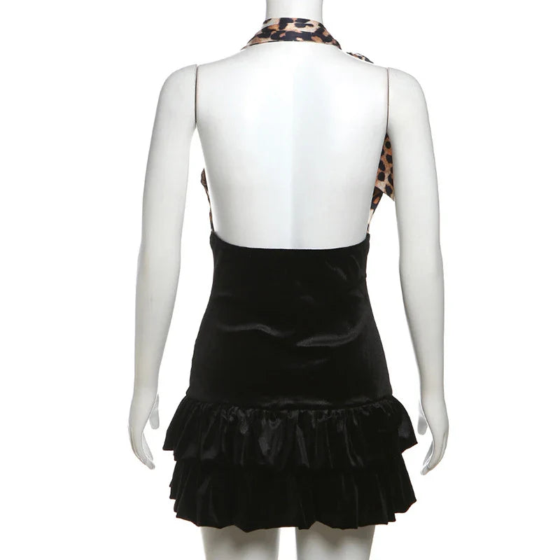 Leopard Print Tie Up Deep Neck Mini Dress