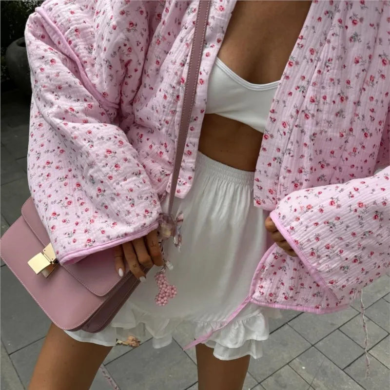 Women's Pink Printed Casual Knit Cardigan - Autumn/Winter Warm