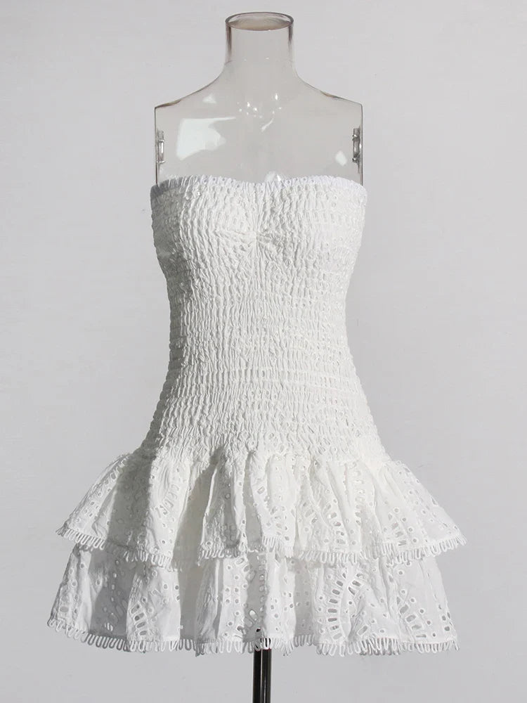 Ruched Strapless Embroidered Frill Mini Dress