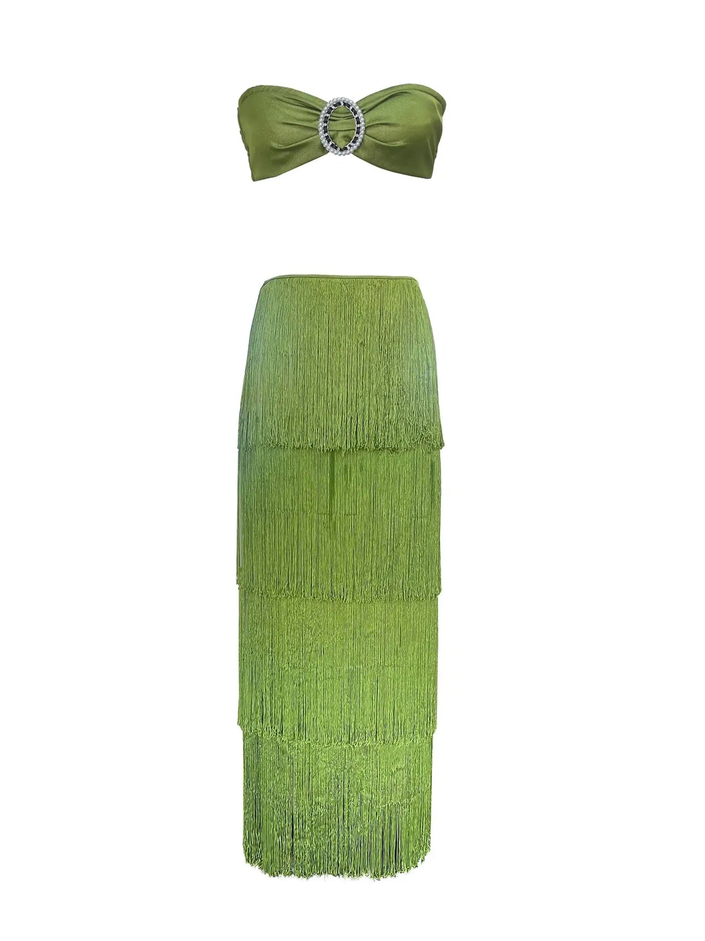 Green Tassel Bralette Set â€?Layered Maxi Skirt