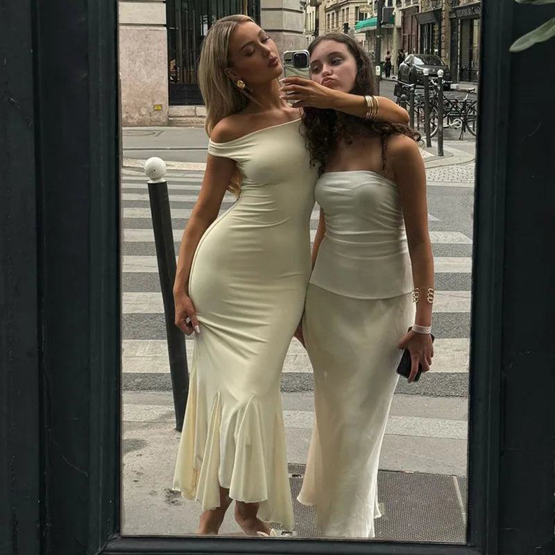 White Off-Shoulder Mesh Irregular Hem Midi Dress