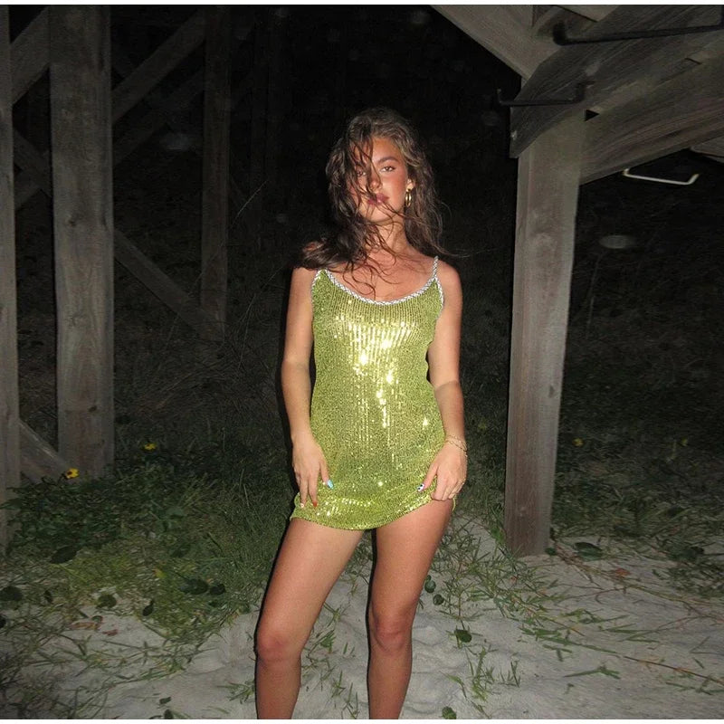 Strap Sequins Knitted Mini Dress