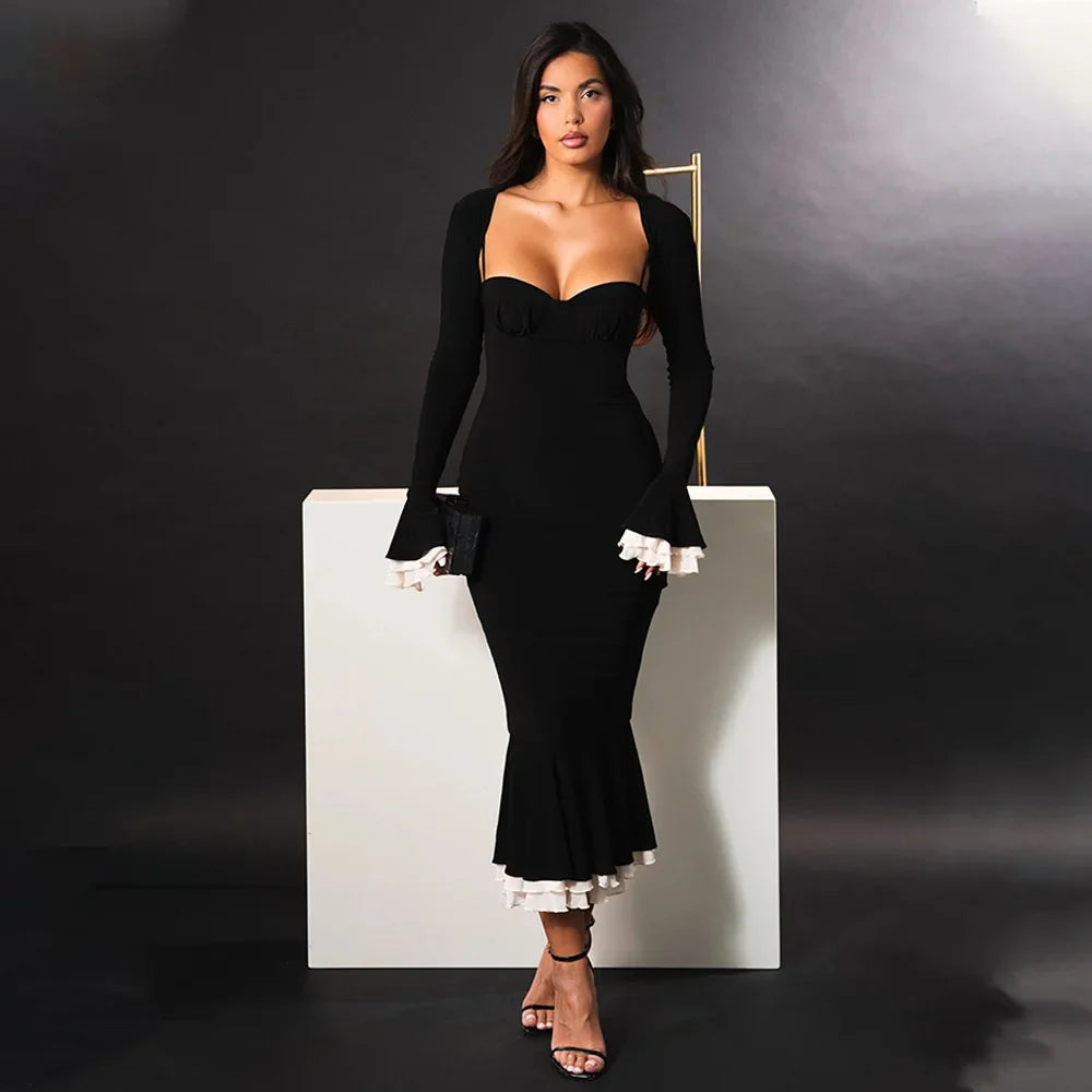 Solid Long Flared Two-piece Crop Sleeve Midi Dress