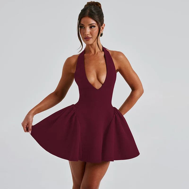 Deep V-Halter Backless A-line Mini Dress