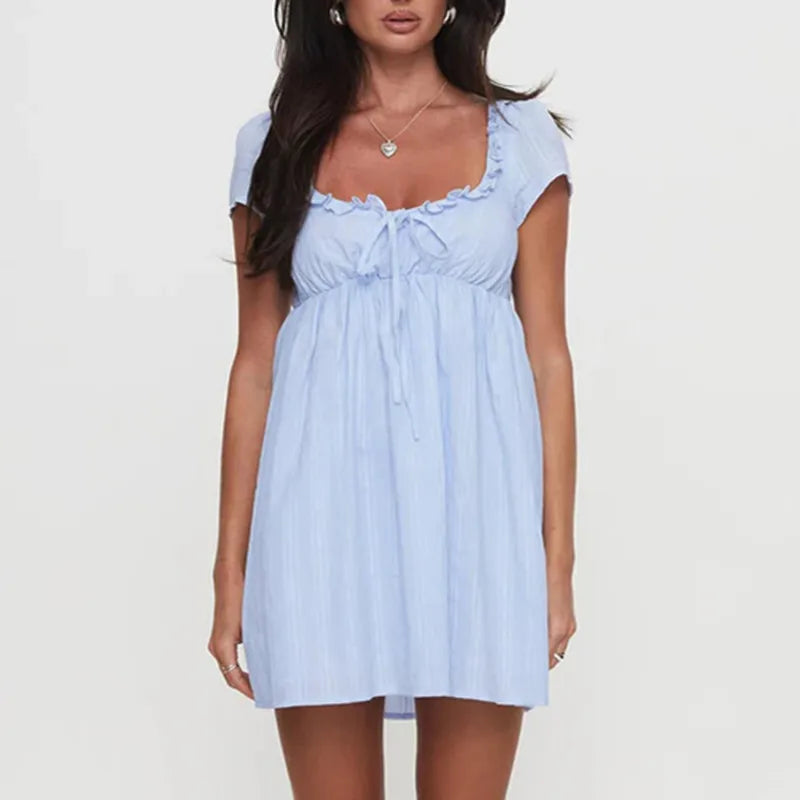 Strips Short Sleeve Babydoll Mini Dress