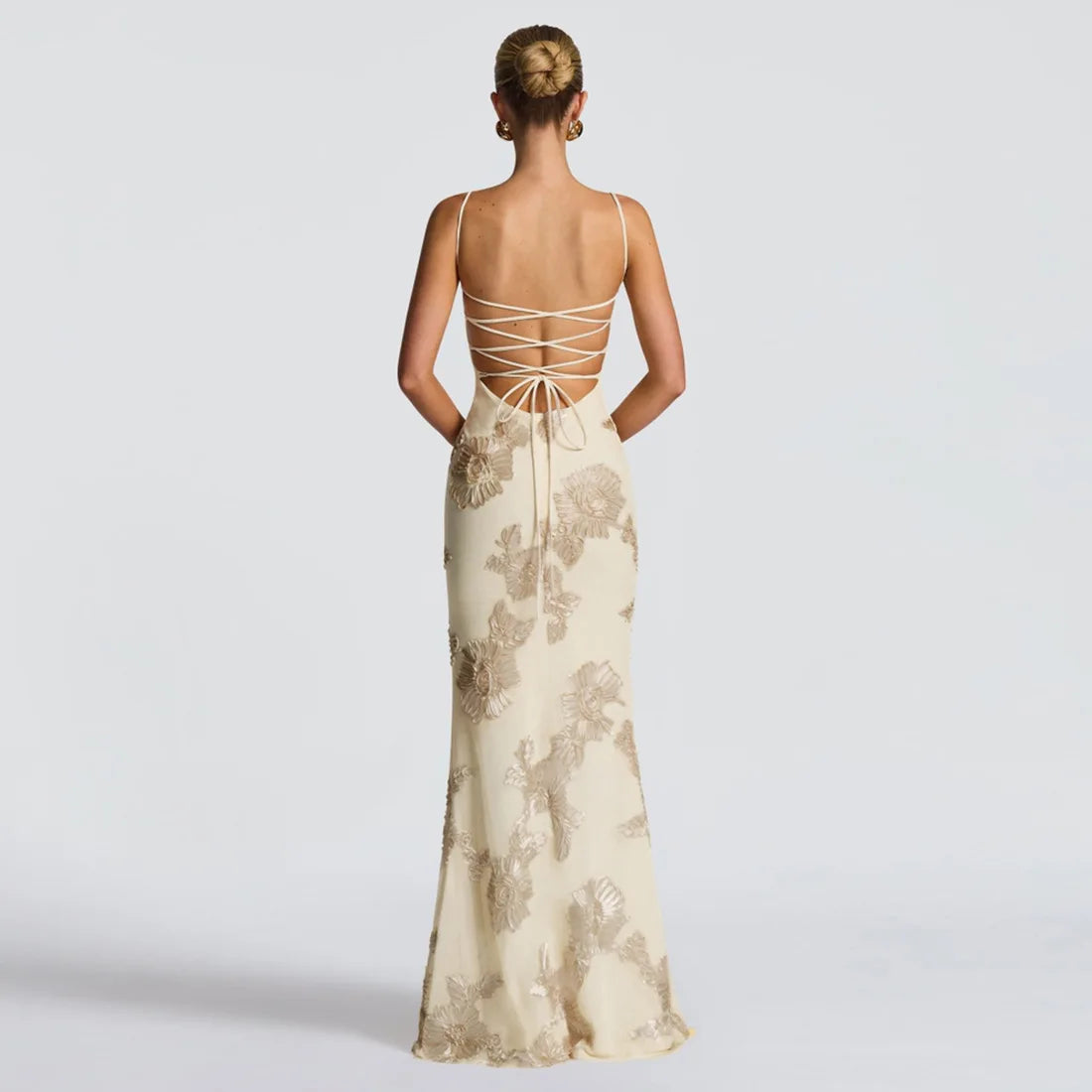 Open Back Lace Up Embroidred Flower Maxi Dress