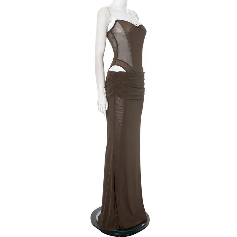 Brown Mesh Corset Bodysuit And Maxi Skirt Set