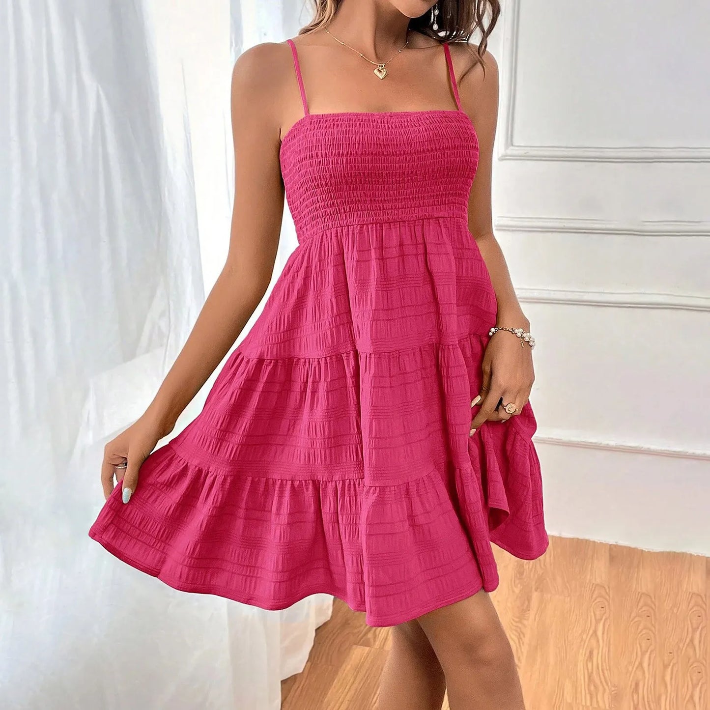Ruched Spaghetti Strap Summer Mini Dress