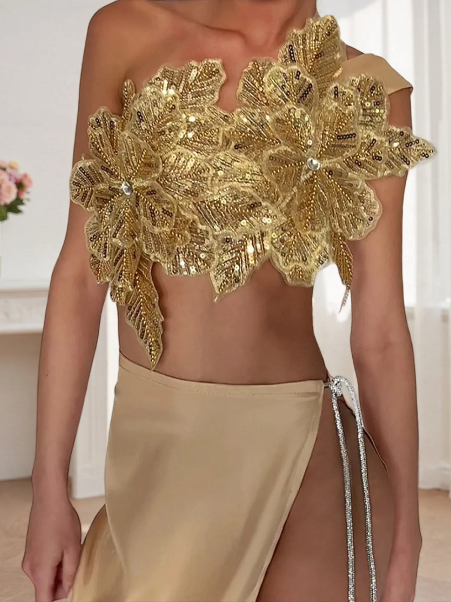 3D Layered Flower Rhinestone Bra Bow Tied  Top