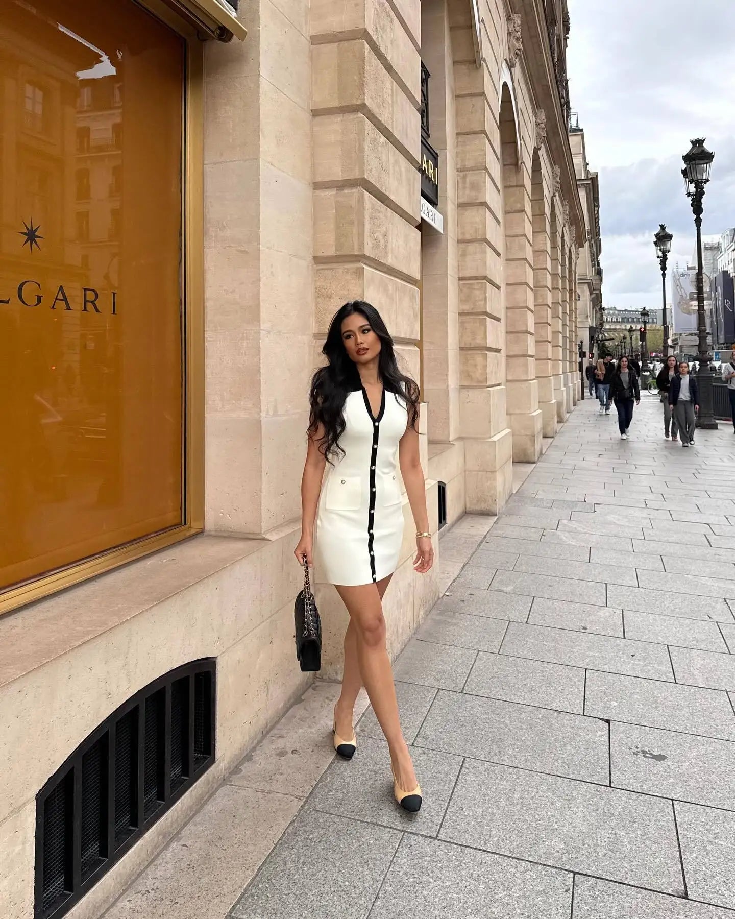 White Contrast Buttoned Collar Mini Dress