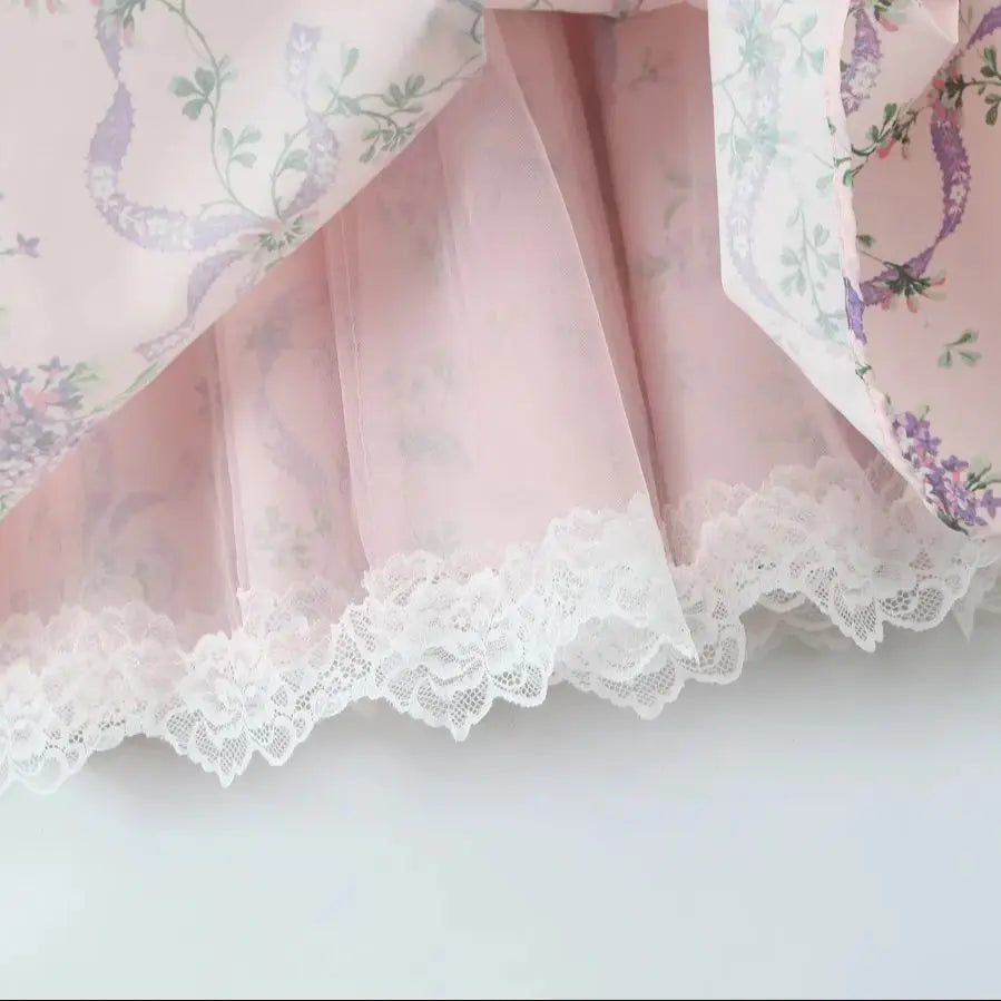 Pink Floral Print Bow Ruched Midi Dress