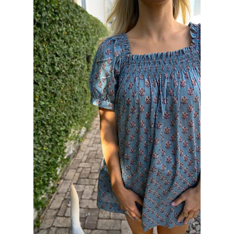 Floral Print Smocked Square Neck Short Puff Sleeve Mini Dress