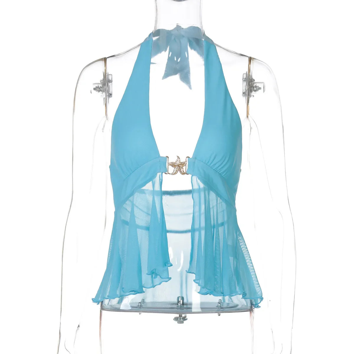 Deep Neck Mesh Metal Buckle Halter Vest Top