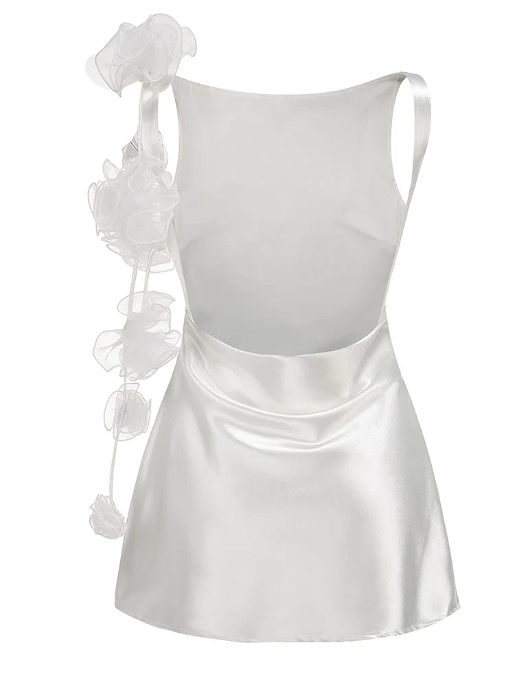 Flower Strap Backless Satin Mini Dress