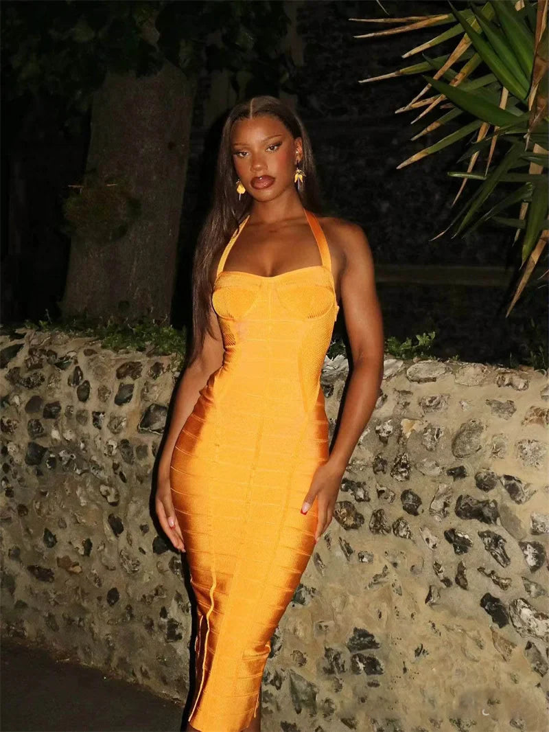 Orange Bandage Halter Midi Dress