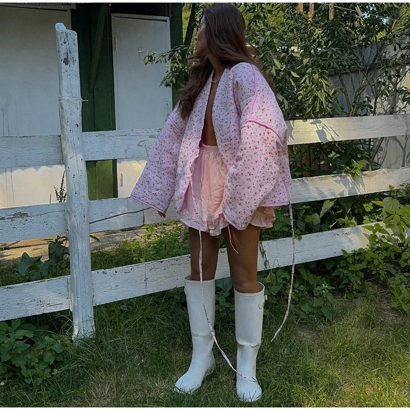 Women's Pink Printed Casual Knit Cardigan - Autumn/Winter Warm