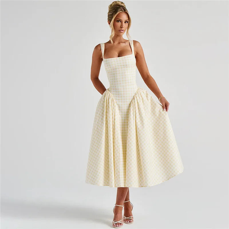 Plaid Printed Corset A-line Maxi Dress