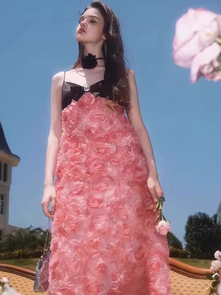 Pink 3d Floral Straight Midi Dress