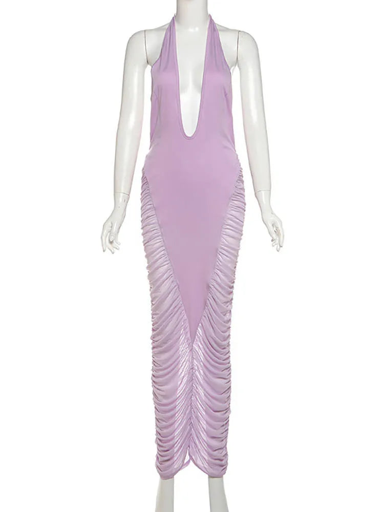 Purple Deep V Neck Ruched Maxi Dress