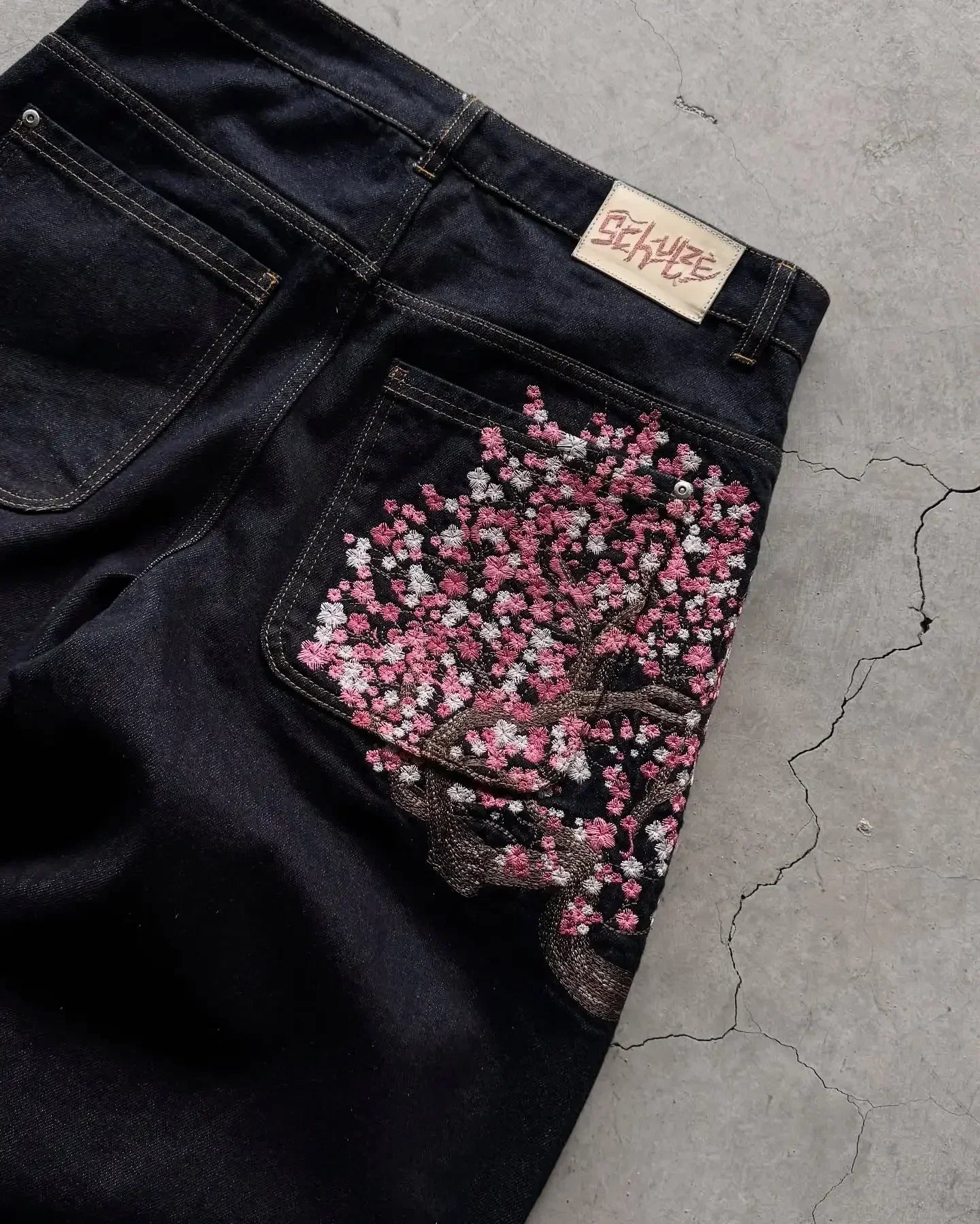 Cherry Blossom Embroidery Wide Leg Jeans