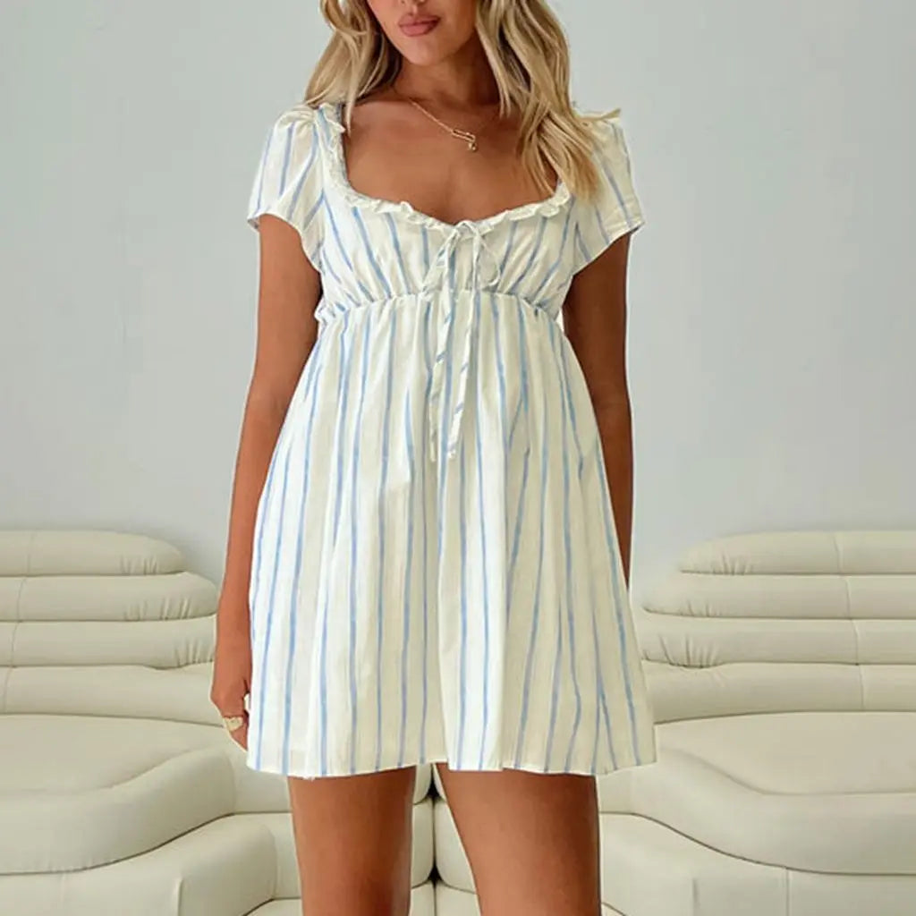 Ruffled Trim Square Neck Short Sleeve A-line Mini Dress