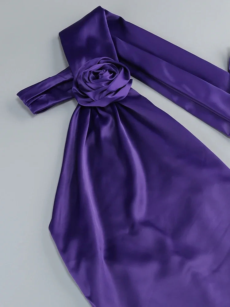 Purple Halter Neck 3D Flower Design Backless Long Dress