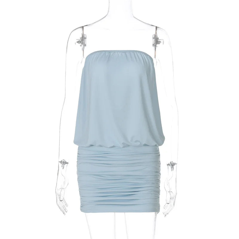 Blue Strapless Puff Drawstring Mini Dress