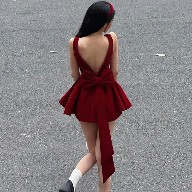 Red Backless V Cut Bow Mink Dress
