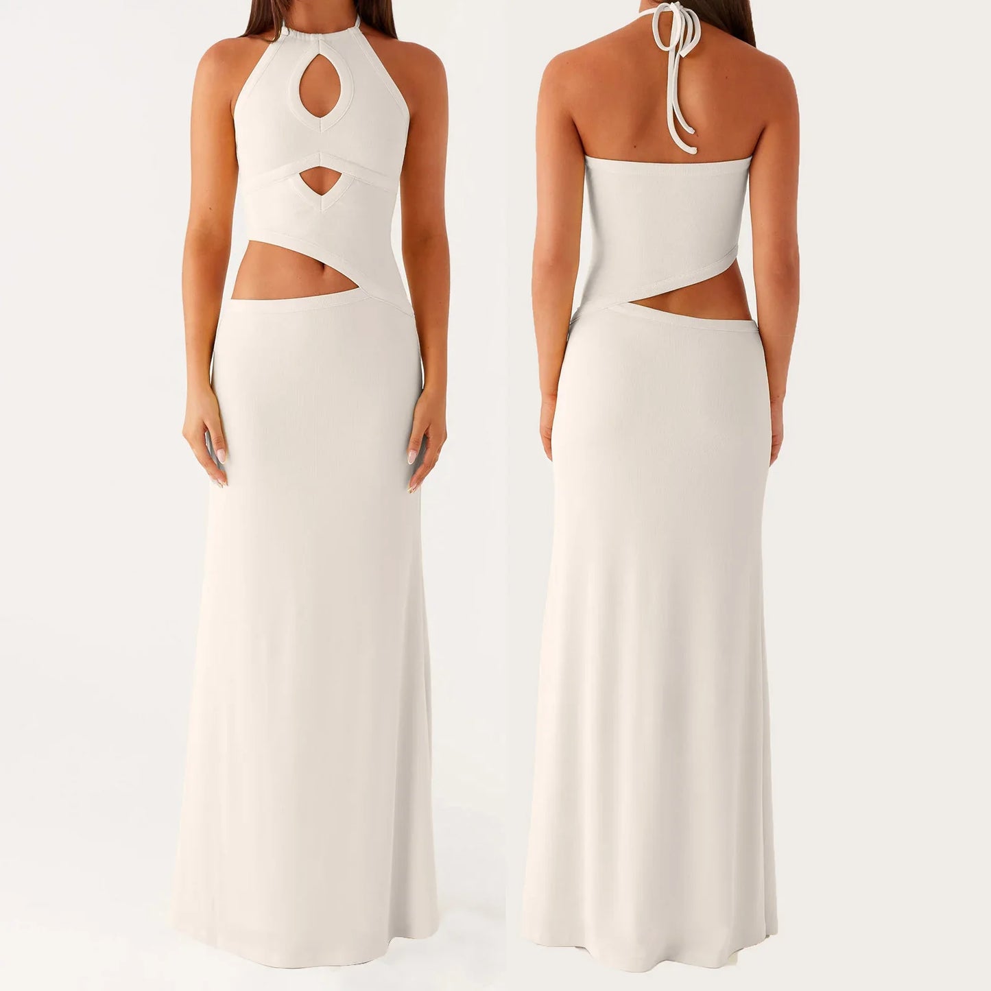Cutout Solid Long Dress - Halter Neck A-Line