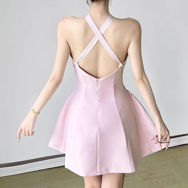 Pink Strapless Bow Strap Mini Dress