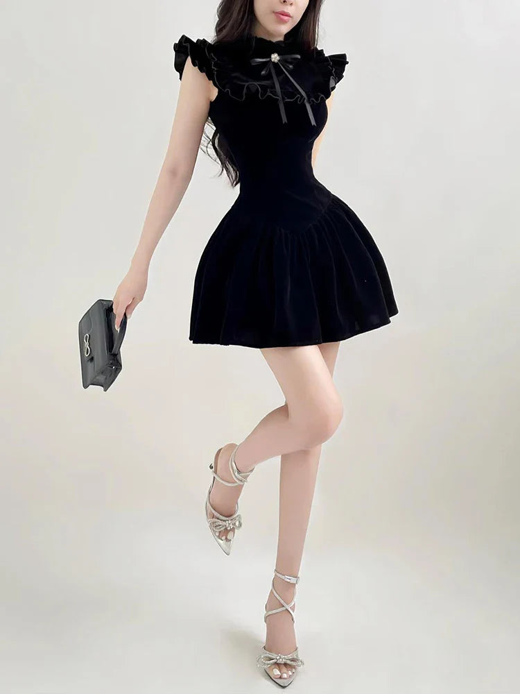 Ruffle Sleeve High Neck Velvet Black Mini Dress
