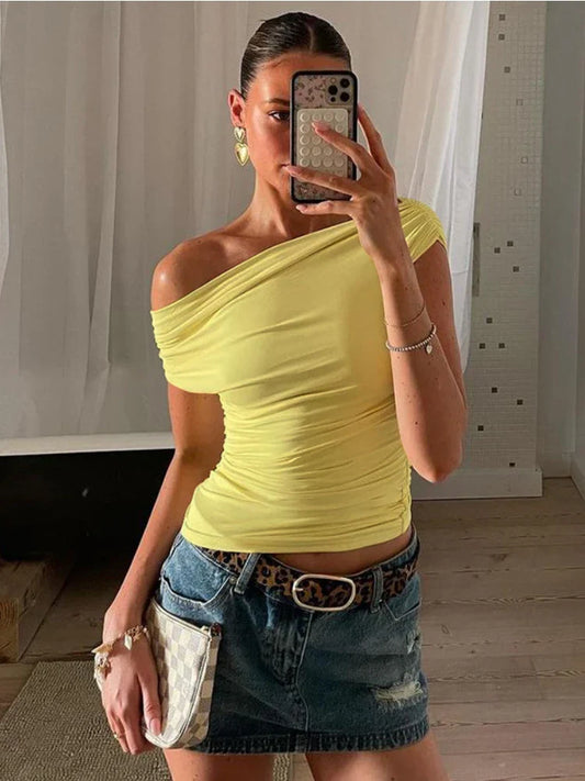 Drawstring Ruched One Shoulder Crop Top