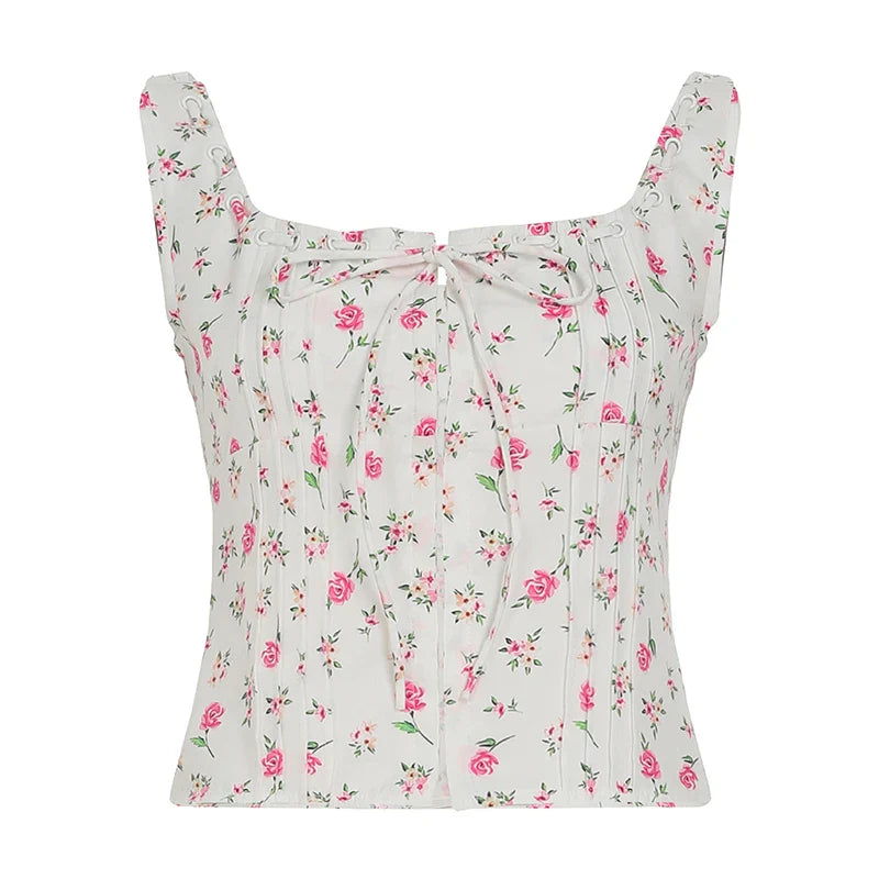 White Flower Print Hook Tank Top