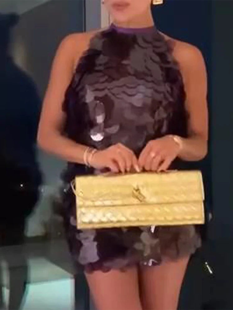 Halter Sequinned Open Back Mini Dress