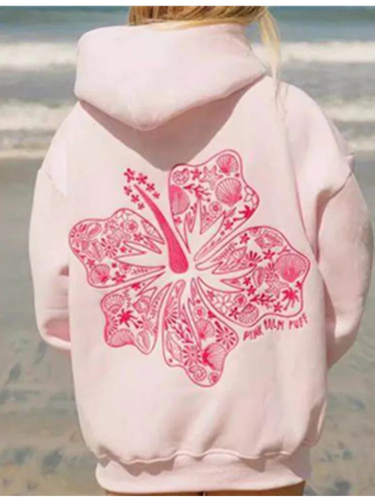 Palm Flower Embroidery Hoodie - Loose Fit Pullover
