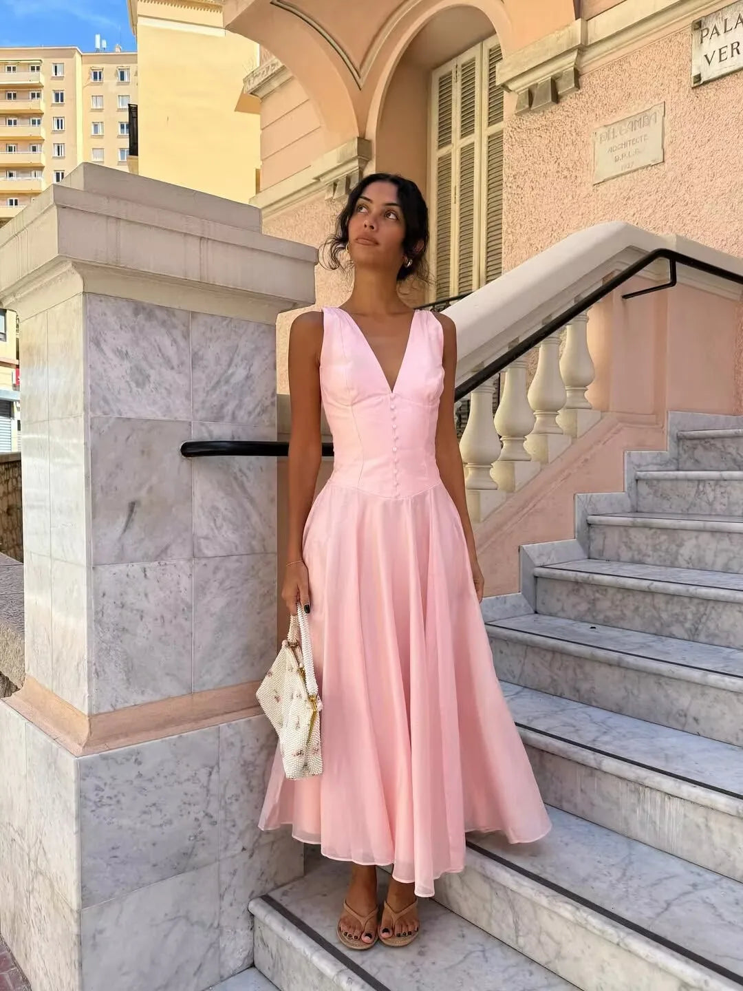 Pink Sleeveless V Neck A-line Midi Dress