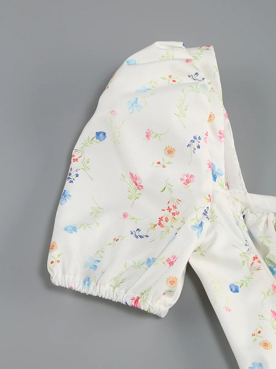 Puff Sleeves Floral Printed Midi Dress