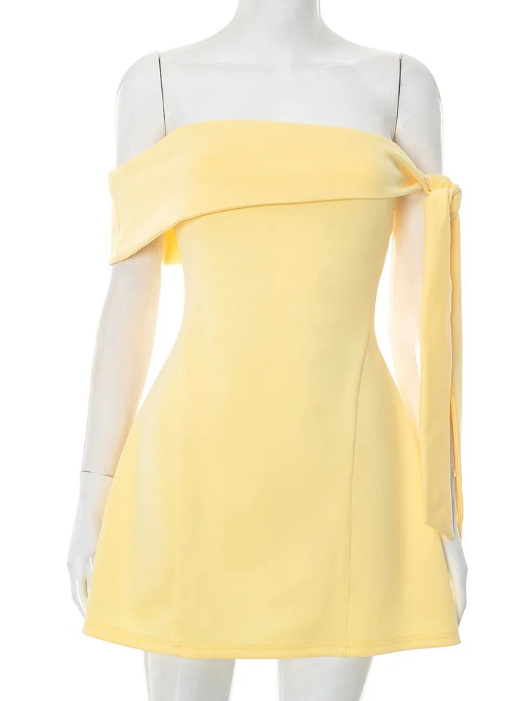 Off-shoulder Tie Up Solid Mini Dress