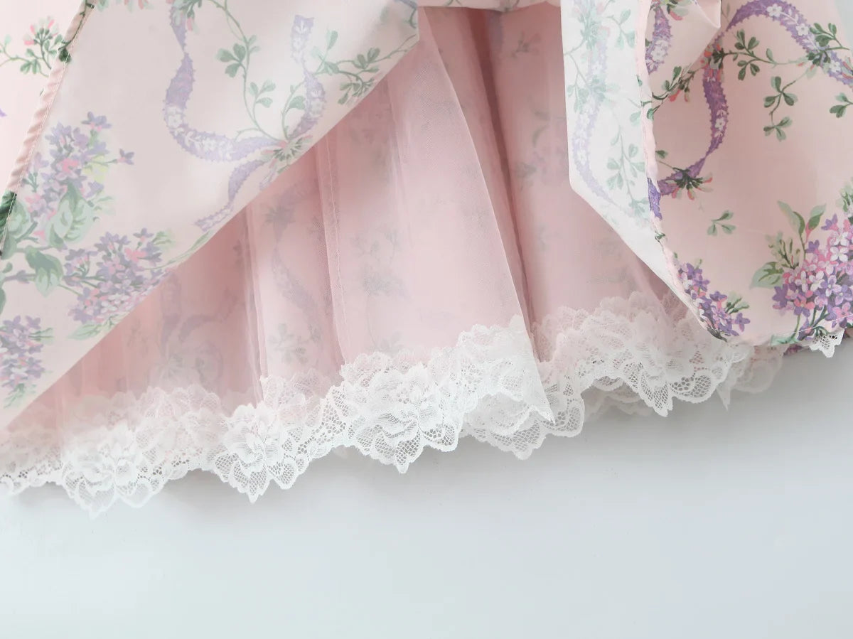 Pink Floral Print Bow Ruched Midi Dress