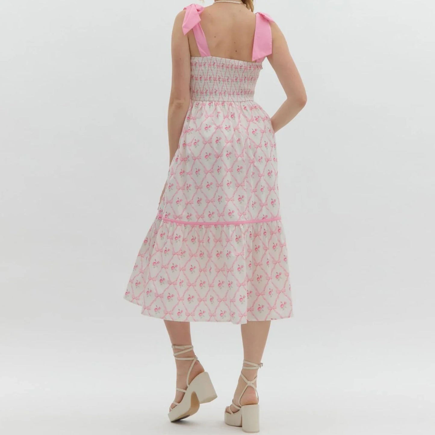 Effortless Printed Tiered Midi Dress - Square Neck with Tie Shoulder