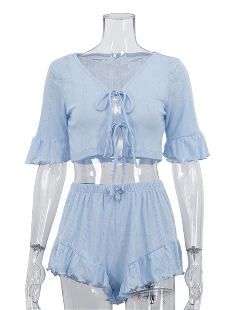 Lace-Up Ruffled Crop Top And Shorts Two Piece-Set