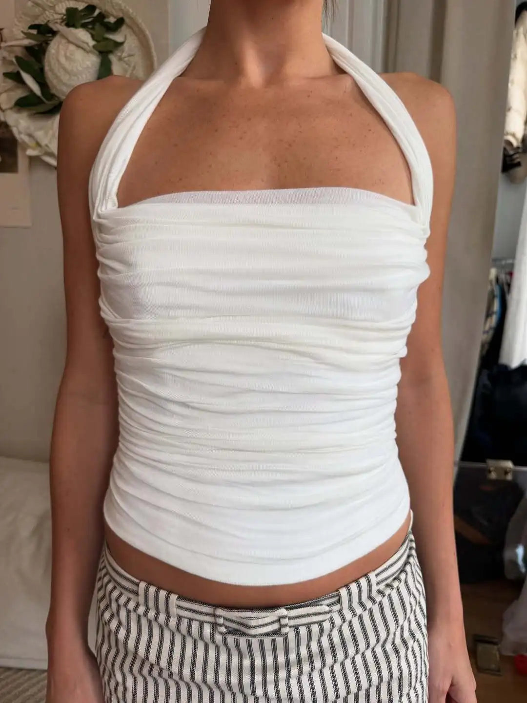 White Ruched Halter Top