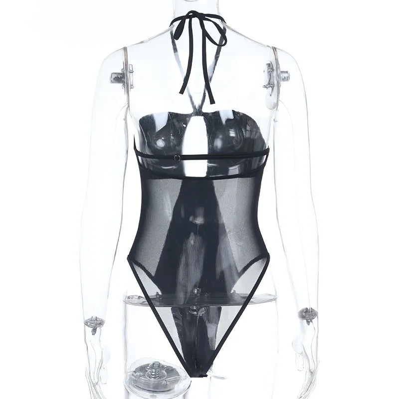Black Mesh Patchwork Halter  Bodysuit
