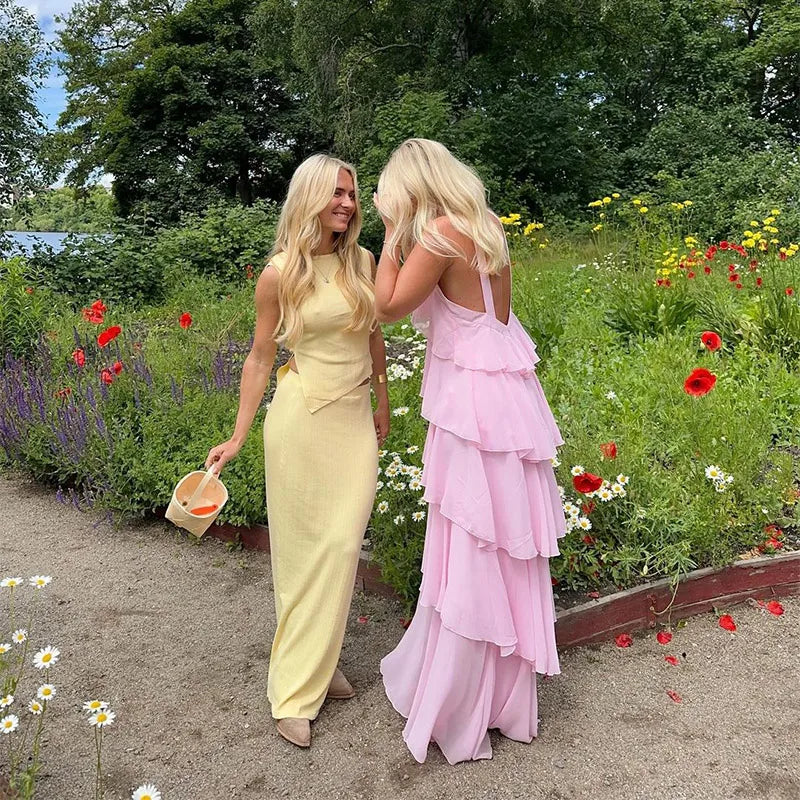 Pink Pleated Halter Maxi Dress