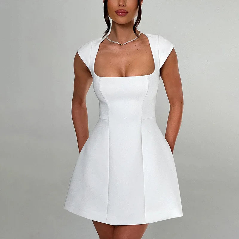 Square Neck Short Sleeve A-Line Solid Mini Dress