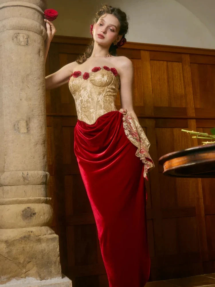 Red Drape Flower Corset Strapless Midi Dress