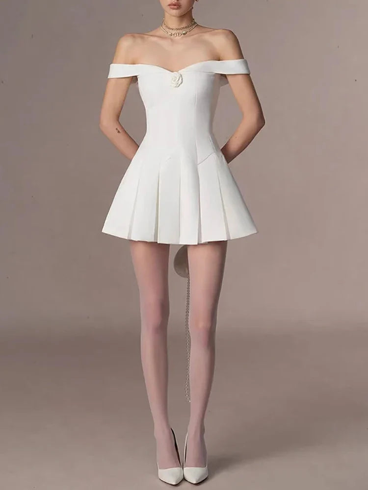 White Off Shoulder Flowers A-line Mini Dress