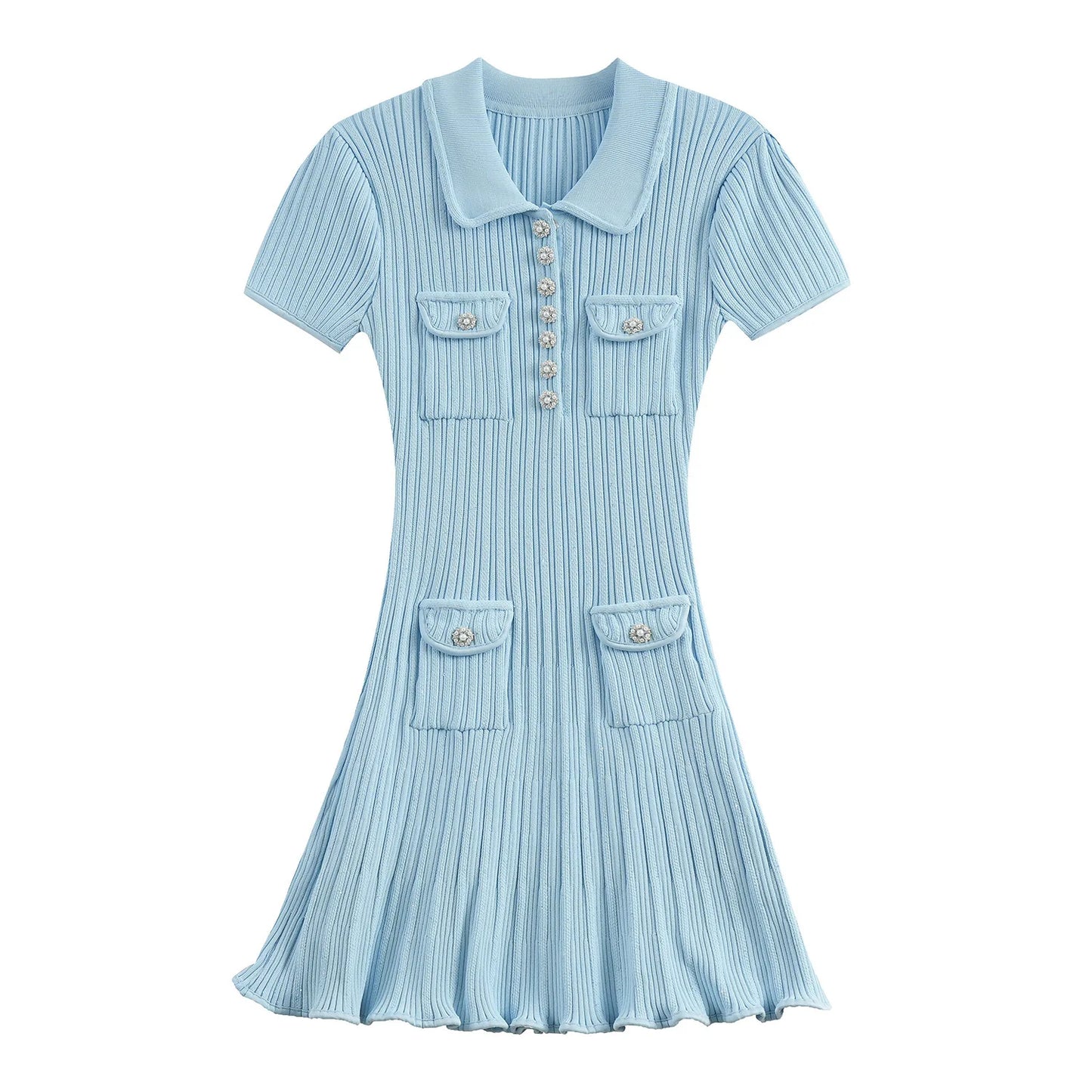 Polo Knitted Short Sleeve Single Breasted Flower Button Mini Dress