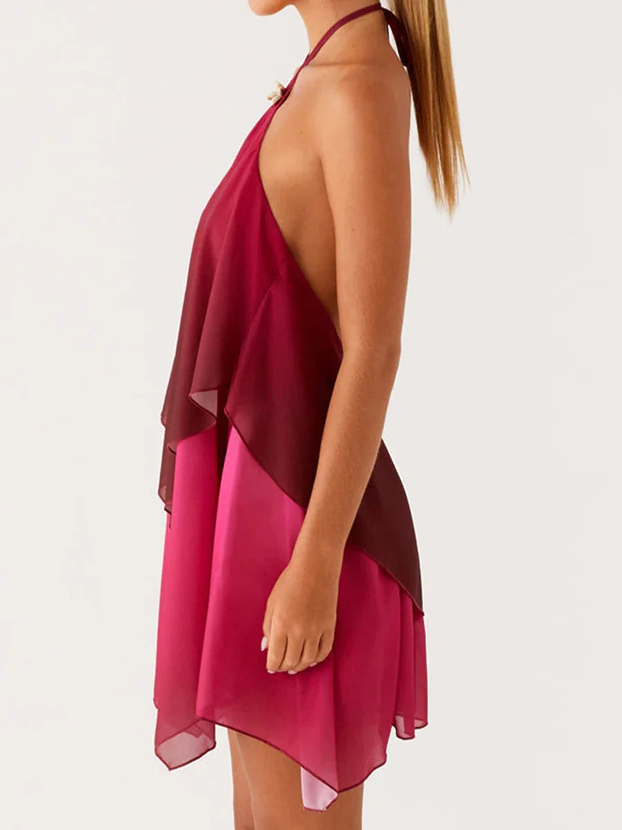 Red Gradient Halter Frill Wide Mini Dress